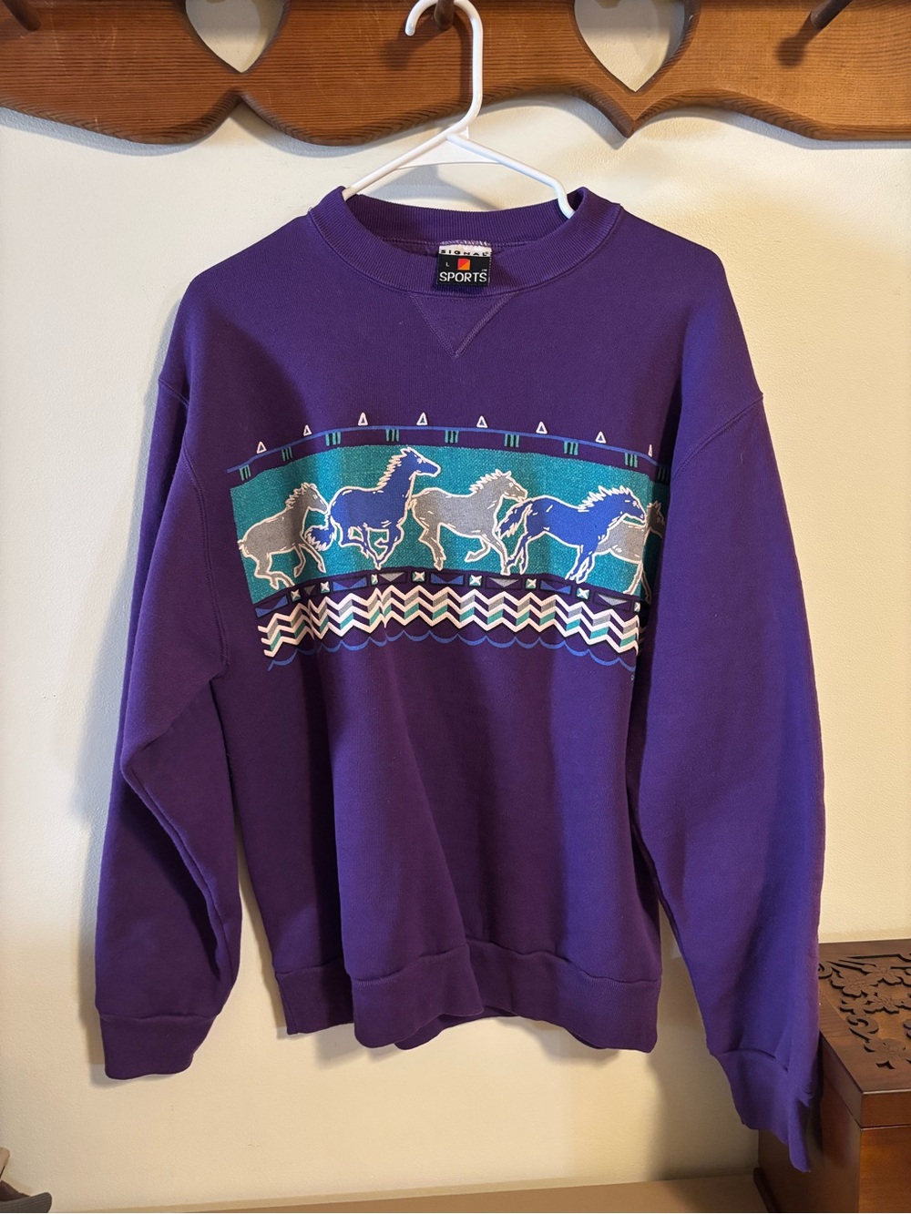 Vintage Purple Crewneck Sweatshirt with Running Horse Graphic